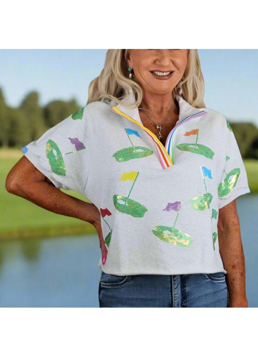 NWOT Queen of Sparkles Grey/White Hole in One Golf Striped Collar Top